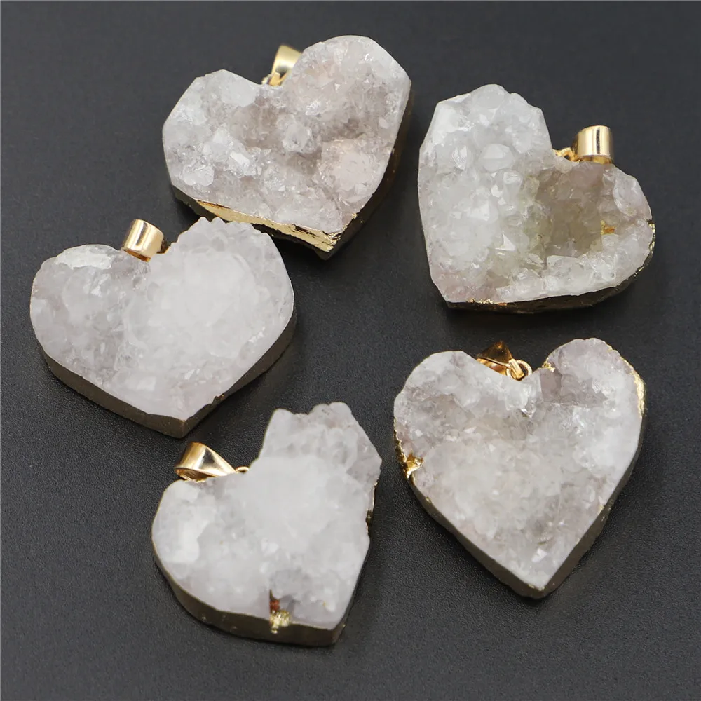 Natural Raw ore Stone Druzy White Crystal Heart Gold Edge Peach Pendants Necklace Charms DIY Jewelry Accessories Wholesale 6Pcs