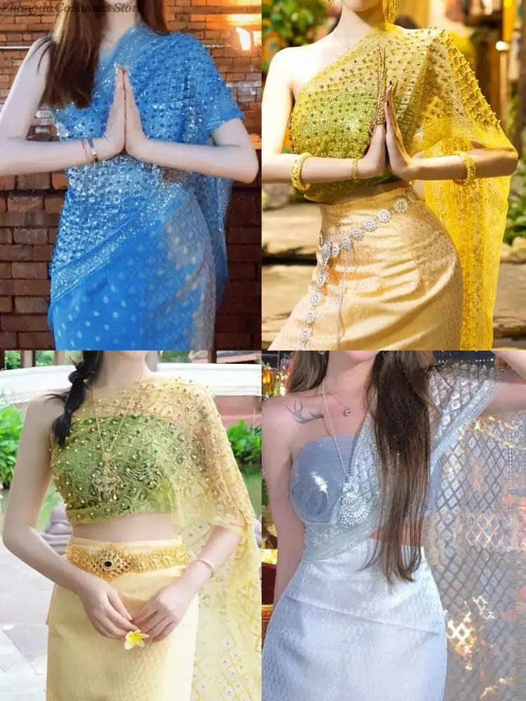 Ethnic Style Thailand Shawl Glitter Scarf Mesh Wrap Cape Thai Traditional Shawl Wrap With Bead Bling Southeast Asian Costume