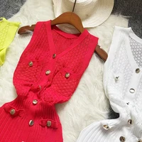 2025 Casual Knitting Long Dress Women Buttons V Neck Hook Flower Hollow Out Chic High Elastic Slim Vintage Beach Maxi Long Dress - Image 3