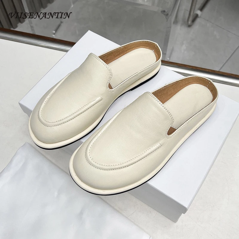 

Spring Summer New Half Slippers Women Close Round Toe Flats Slides Soft Sole Real Leather Lazy Women Comfort Casual Mules Shoes
