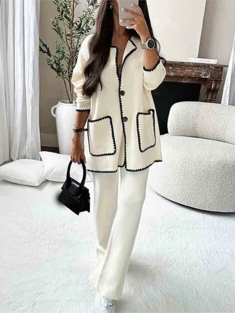 Elegant Long-sleeved O-neck Single-breasted Shirt Top + Wide-leg Pants 2-piece Set Women Autumn Color-blocked Pocket Suit Female 1