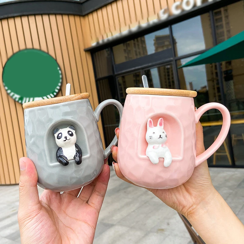 

3D Relief Ceramic Mug with Lid Spoon Personality Coffee Mugs Spoon Animal Firewood Dog Cup Teacup Personalized Trend Mug
