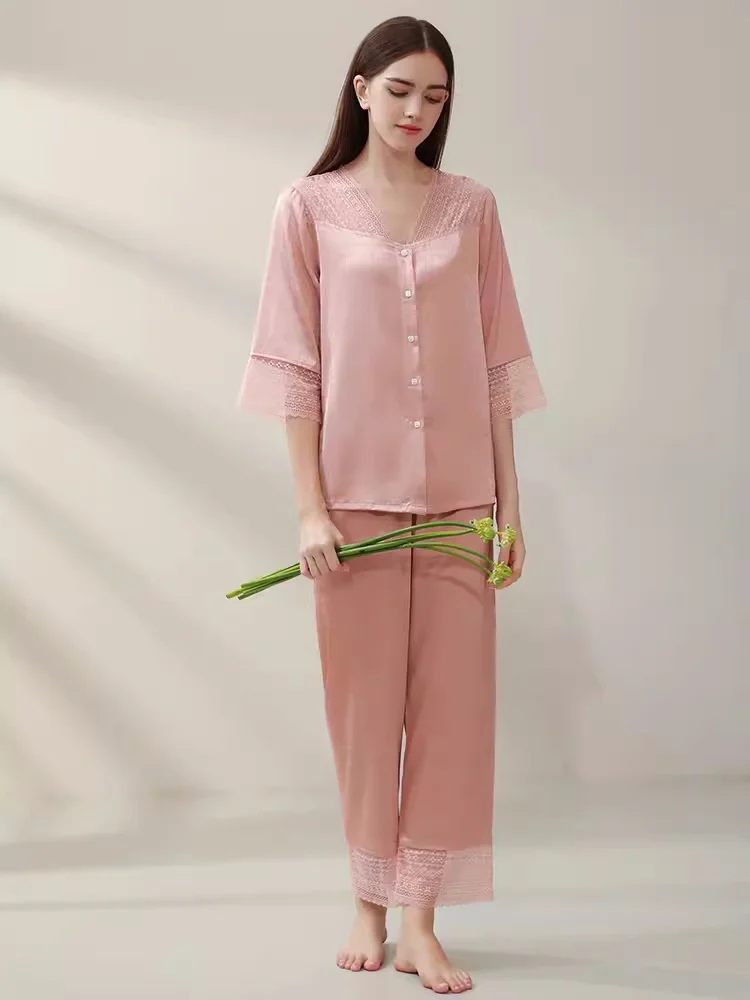 

Pure Silk Casual Womens Pajama Set 2Pcs women 100% mulberry silk nightwear