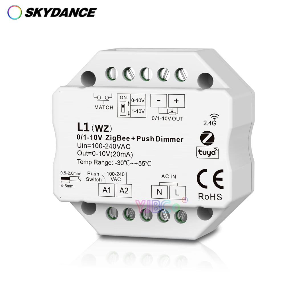 Skydance ZigBee RF 0-10V/1-10V Push Dimmer 110V 220V 1CH Tuya APP Cloud on/off Controller DIP Switch For Single Color LED Strip