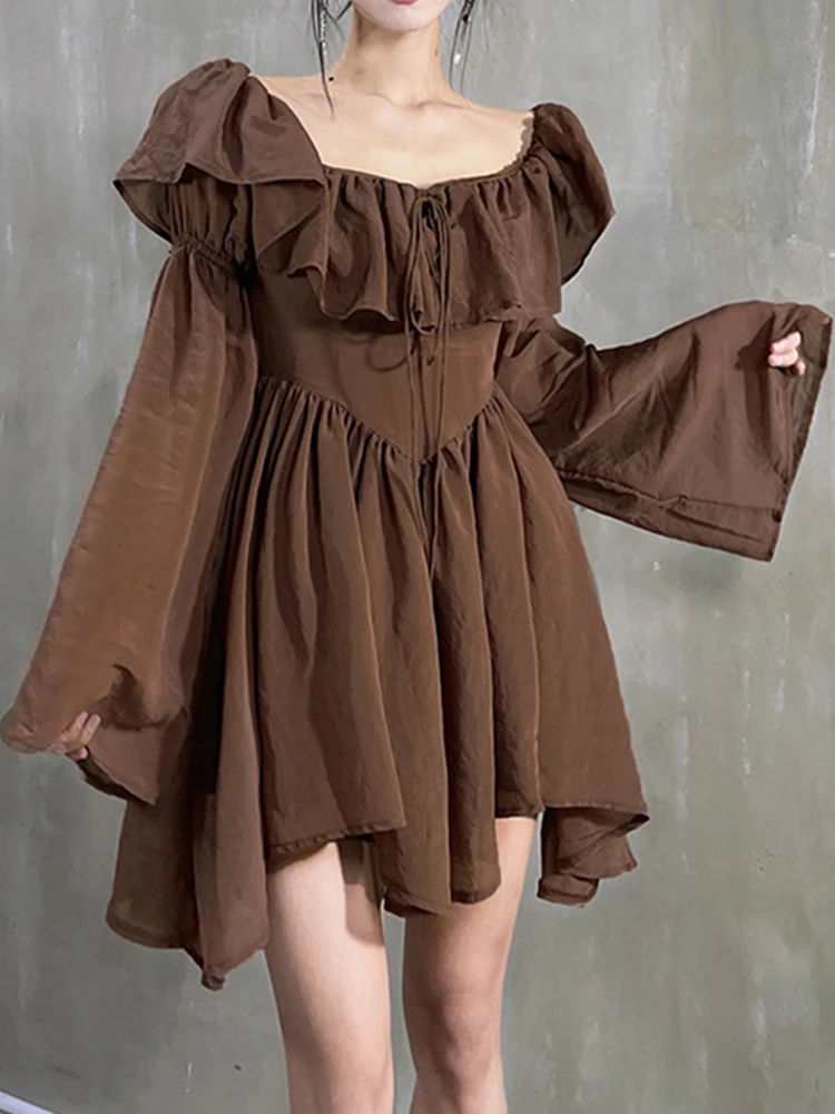 

Spring Summer Women Short Dress Vintage Brown Sexy Slash Neck Off Shoulder Dress Flare Long Sleeve Irregular Ruffles Mini Dress
