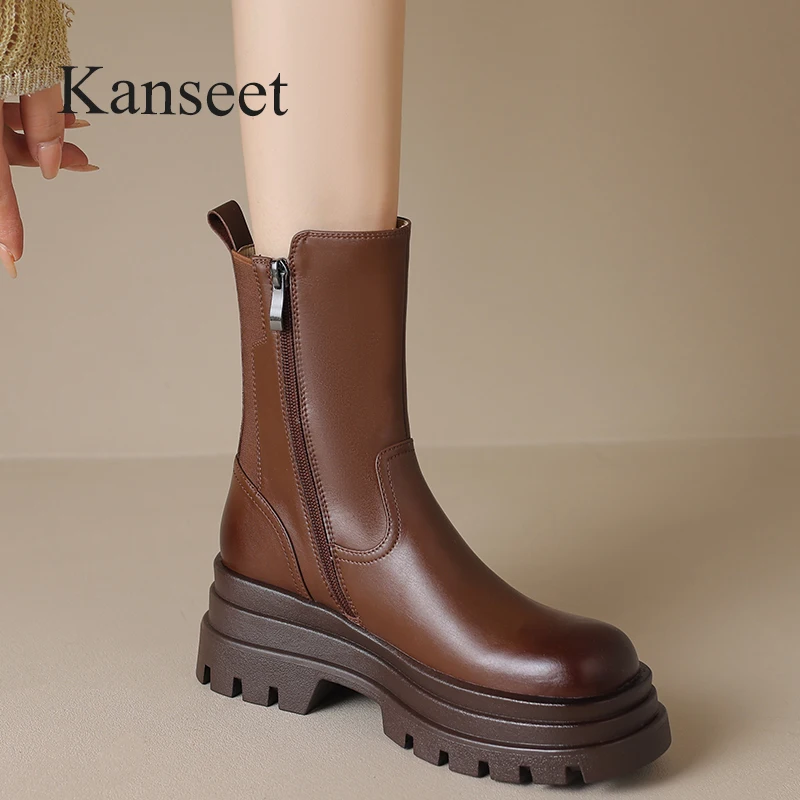 

Kanseet Women Platform Short Boots Autumn Winter Fashion Round Toe Brown Genuine Leather Chunky High Heels Ankle Boots For Lady