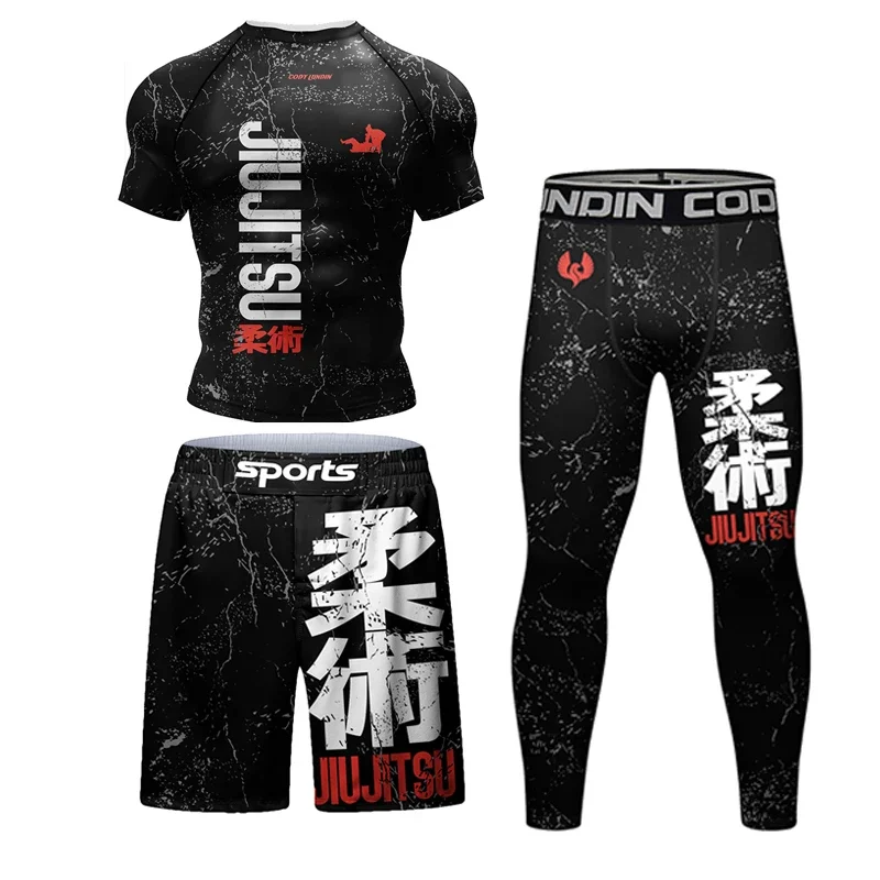 New Jiu Jitsu Rashguard MMA T-shirt +Pants For Men 4PCS/Set Brazilian Grappling Bjj Boxing Rash Guard Sport Clothing Gym Shorts 3