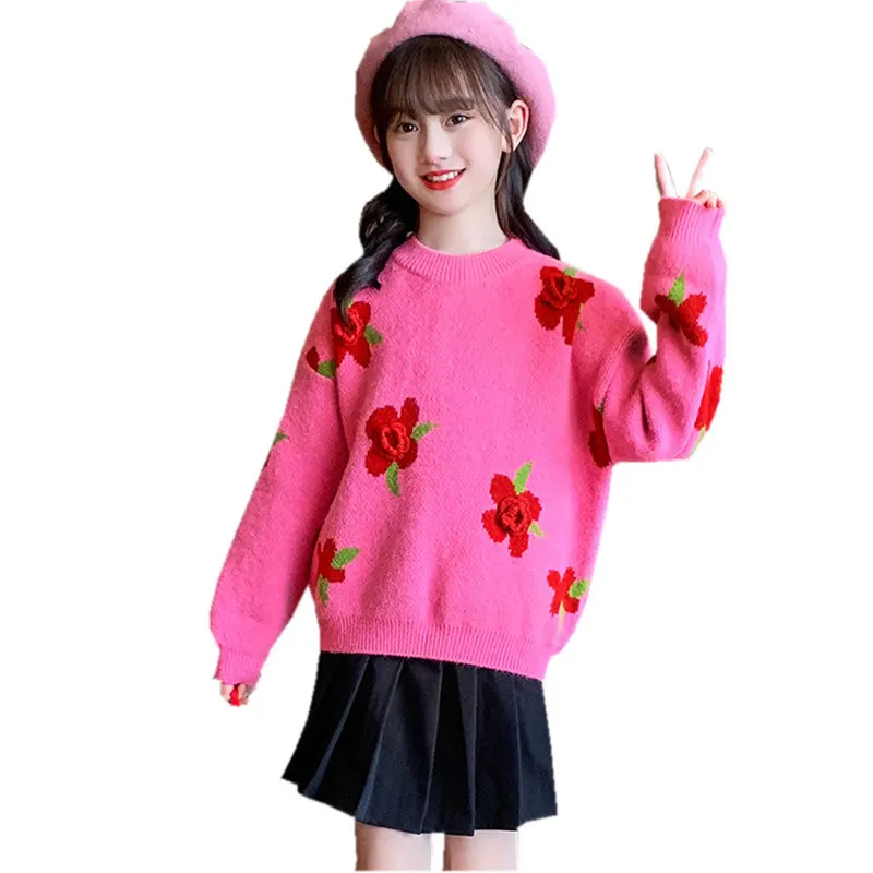 

Kids Girl Knitwear Clothes Autumn Winter Fashion 3D Flowers Sweater Korean Thick Casual O-Collar Cute Baby Girls Outerwear 4-13Y