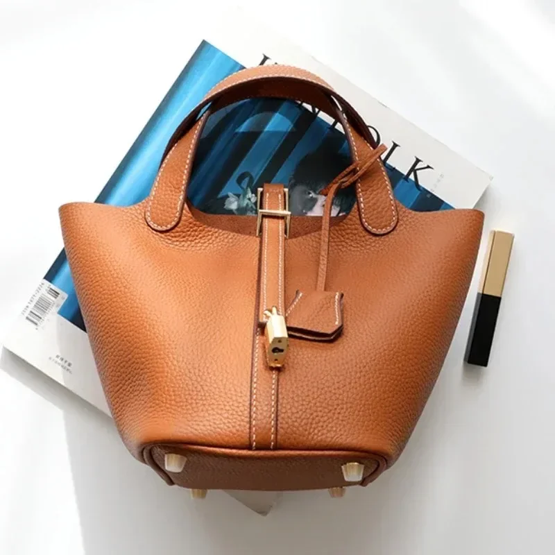 Women's Cowhide Basket Bag Genuine Leather Bucket Handbag Commuter Large CapacityPattern Top Handle Satchel