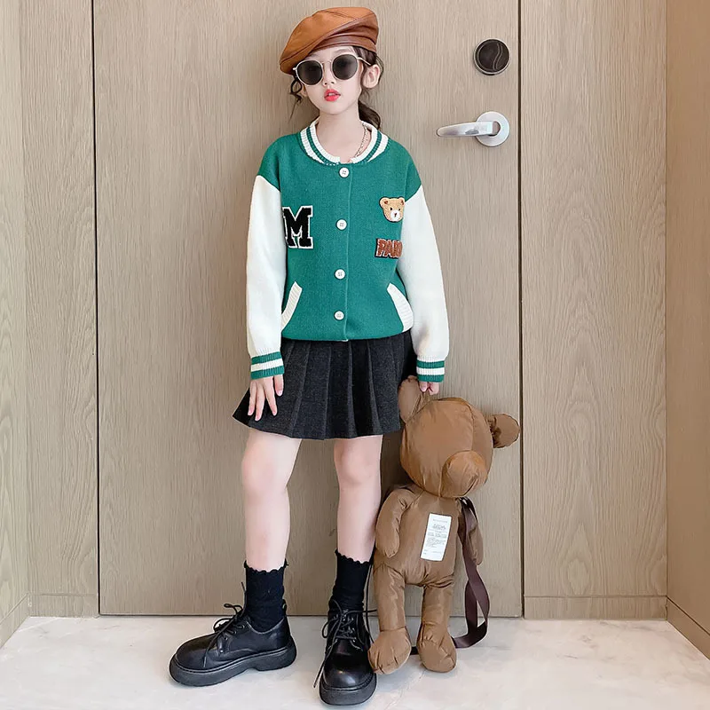

Girls Fashion Knitted Shirt Baseball Uniform Spring Autumn Casual Letter Print Top Children's Clothing Cardigan Sweater 4-14 Yrs