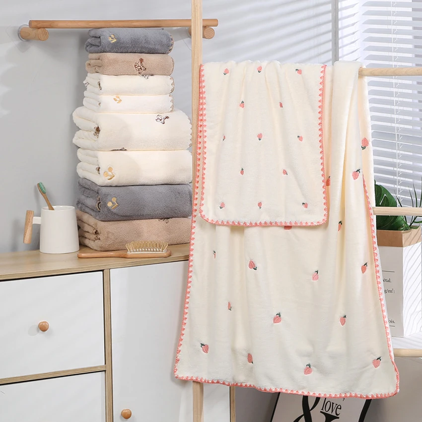 Soft Coral Fleece Towels Set Peach Bear Cherry Embroidered Face Bath Towel for Bathroom Kids Adults Super Absorbent Hand Towels bath towels cotton towel cotton face towels