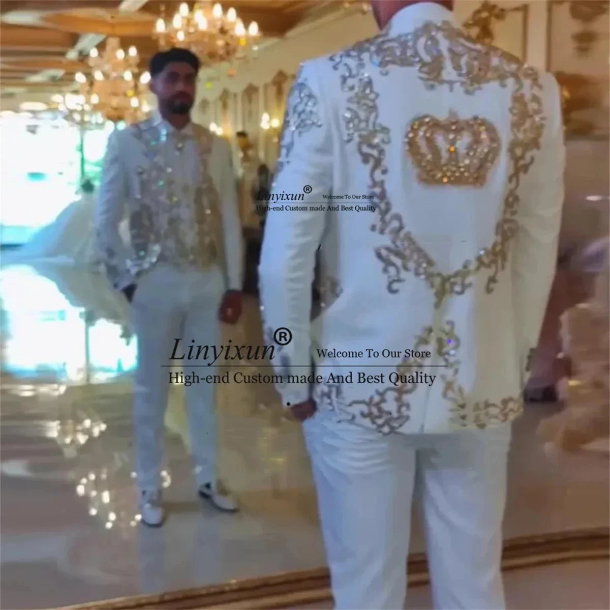 Glitter Sequins Groom Tuxedos Luxury Crystals Beaded Men Suits Slim Fit Male Wedding Party Blazer 3 Pieces Sets Costume Homme