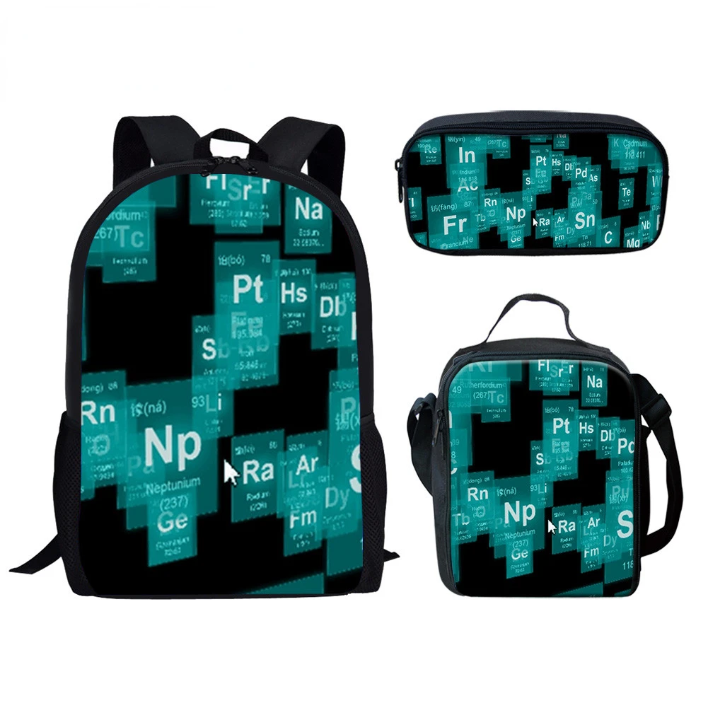 Classic Creative Chemistry chemical formula 3D Print 3pcs/Set pupil School Bags Laptop Daypack Backpack Lunch bag Pencil Case