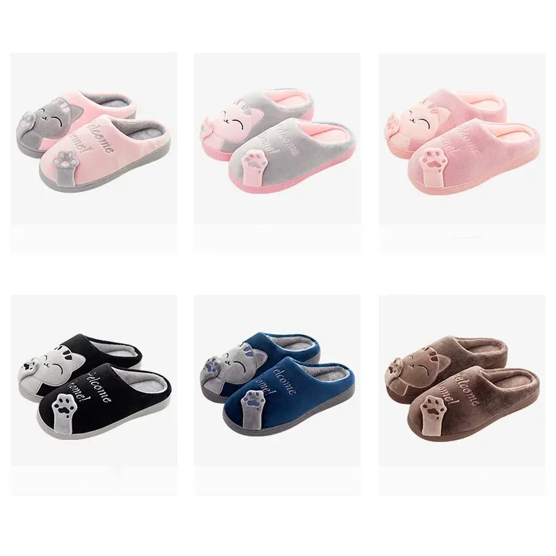 Cute Cartoon Cat Slippers Women Winter Warm Home Shoes Men Cozy Plush Slides Indoor Bedroom Non-Slip Floor Slipper Couple Shoes