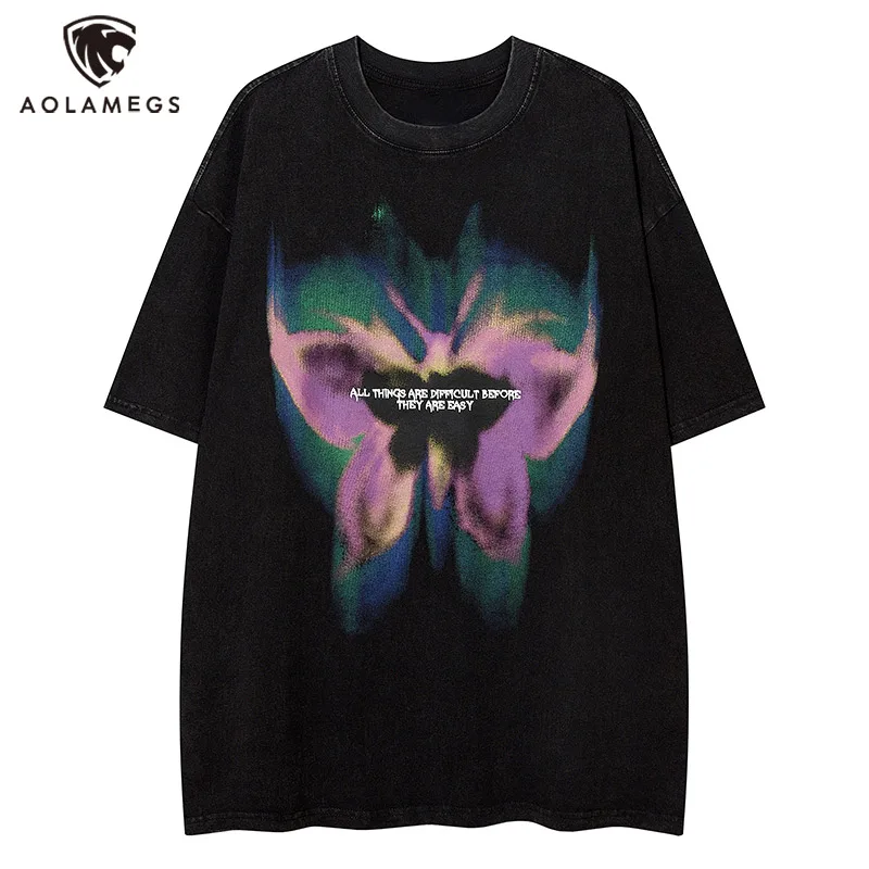 

Aolamegs Men Distressed Short Sleeve T Shirts Vintage Graffiti Butterfly T Shirt Hip Hop Streetwear Harajuk Japanese Casual Tees