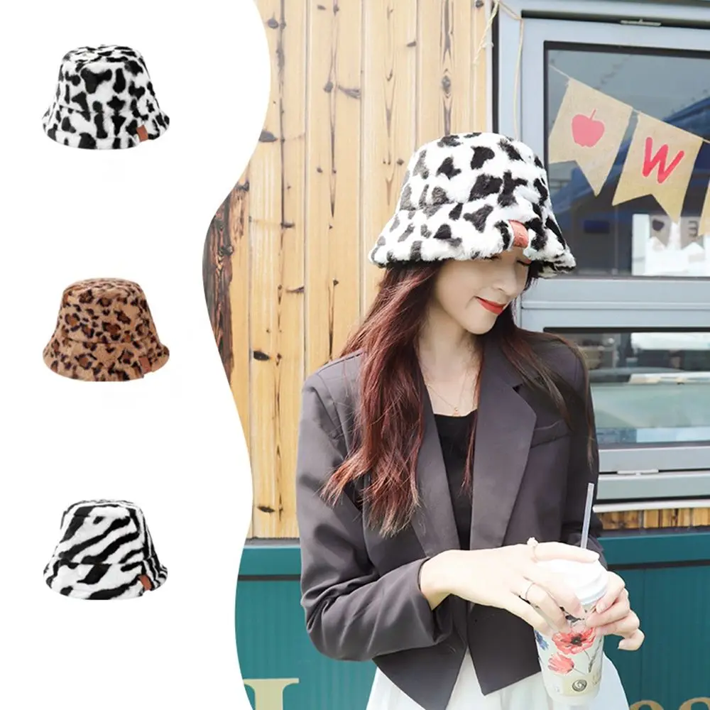 

Lamb Plush Casual Style Cow Pattern Autumn and Winter Korean Style Caps Pure Color Caps Female Hats Flannel Bucket Hat
