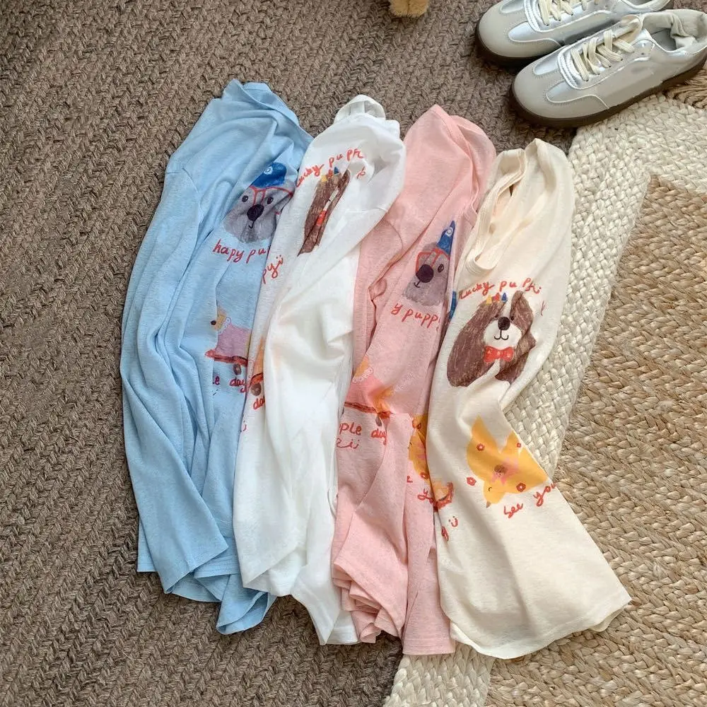 Thin Dog Print Graphic T-shirt Cartoon Sunscreen Cartoon Animal Long Sleeved Top Harajuku Ins Round Neck Oversized T-shirt