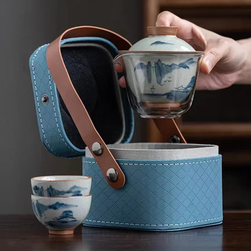 Hand-painted Travel Tea Set Office Tea Infuser Underglaze Color Ceramic Gaiwan Teacup Outdoor Portable Set with Storage Bag