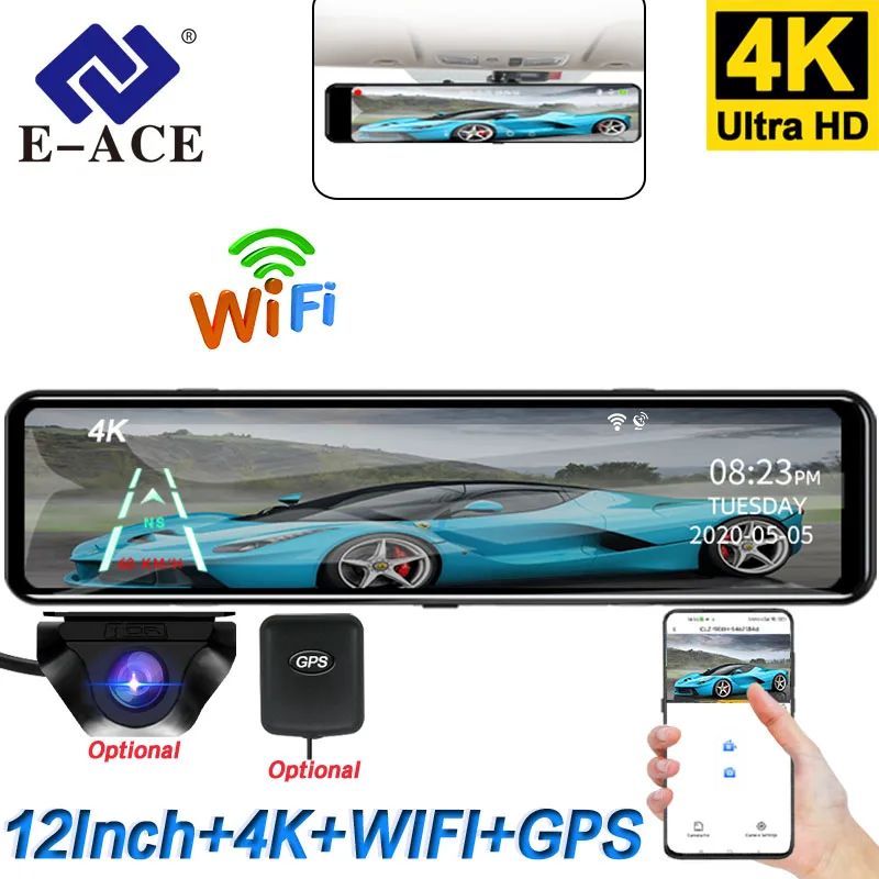 4K WIFI Dashcam 12Inch Car DVR RearView Mirror Recorder Dash Cam Support 1080P Sony Black Box Rear View Camera Acesssories ACCEO