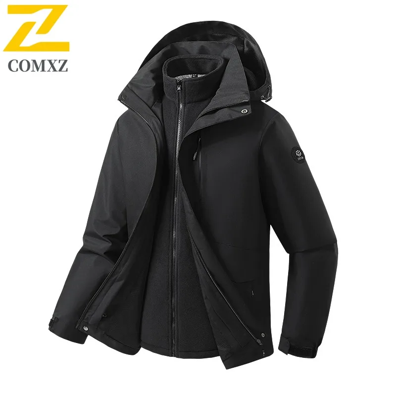 COMXZ Men Windbreaker Detachable 3-in-1 Minimalist Hooded Outdoor Hiking Camping Coat Big Size Travel Wear Resistant Outerwear