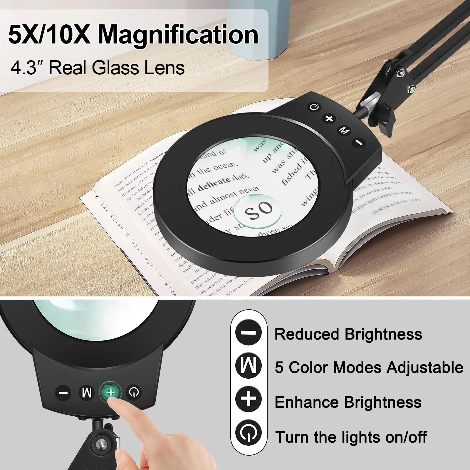 Magnifying Glass Lamp Long Swing Arms 5X/10X with 5 Color Adjust LED Lights Reading Table Lamp for Welding Repair Close Work