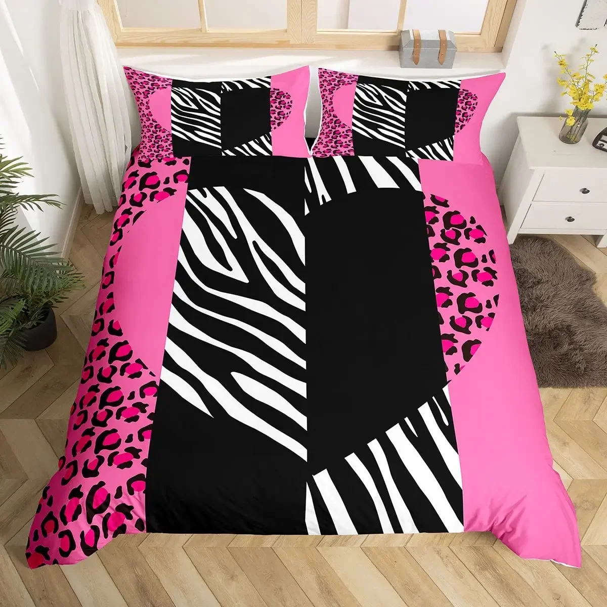 Zebra Stripes Duvet Cover Set Red Glitter Lips Comforter Cover for Girls Women Black White Leopard Zebra Print Queen Bedding Set