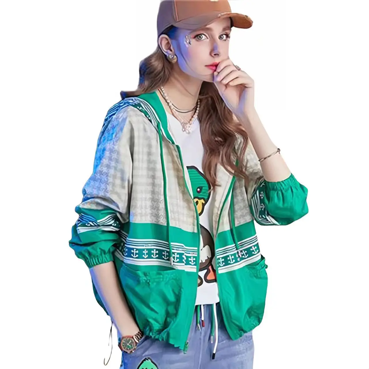 Women's England Style Hooded Jacket, Print Doodle Coats, Casual Loose Outerwear, Female Clothing Tops, Spring, Summer, New