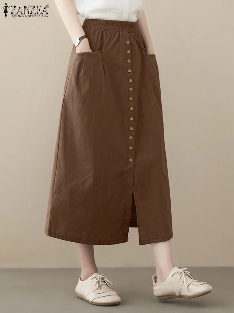 

ZANZEA Summer Fashion Button Down Front Skirts Vintage Elastic Waist Skirt Female OL Work Jupe Woman Casual Solid Robe Oversized