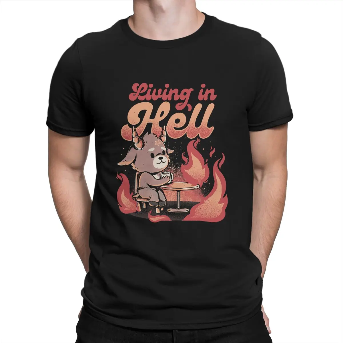 

Baphomet Art Creative TShirt for Men Living In Hell Creepy Cute Evil Gift Classic Round Collar Basic T Shirt Birthday Gifts