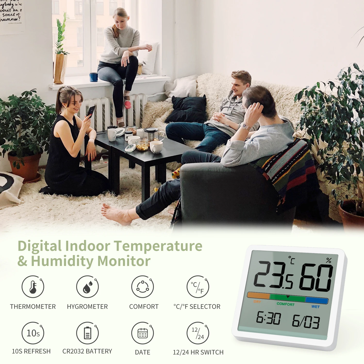 VOCOO Humidity Gauge Indoor Thermometer - Digital Indoor Humidity Sensor  Room Thermometer with Time Date Display, Accurate Hygrometer Temp Meter for