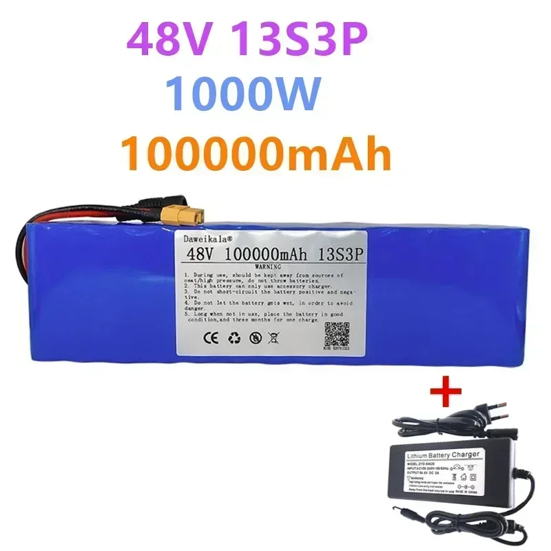 

48V 100Ah 1000w 13S3P XT60 48V Lithium ion Battery Pack 100000mah For 54.6v E-bike Electric bicycle Scooter with BMS+charger