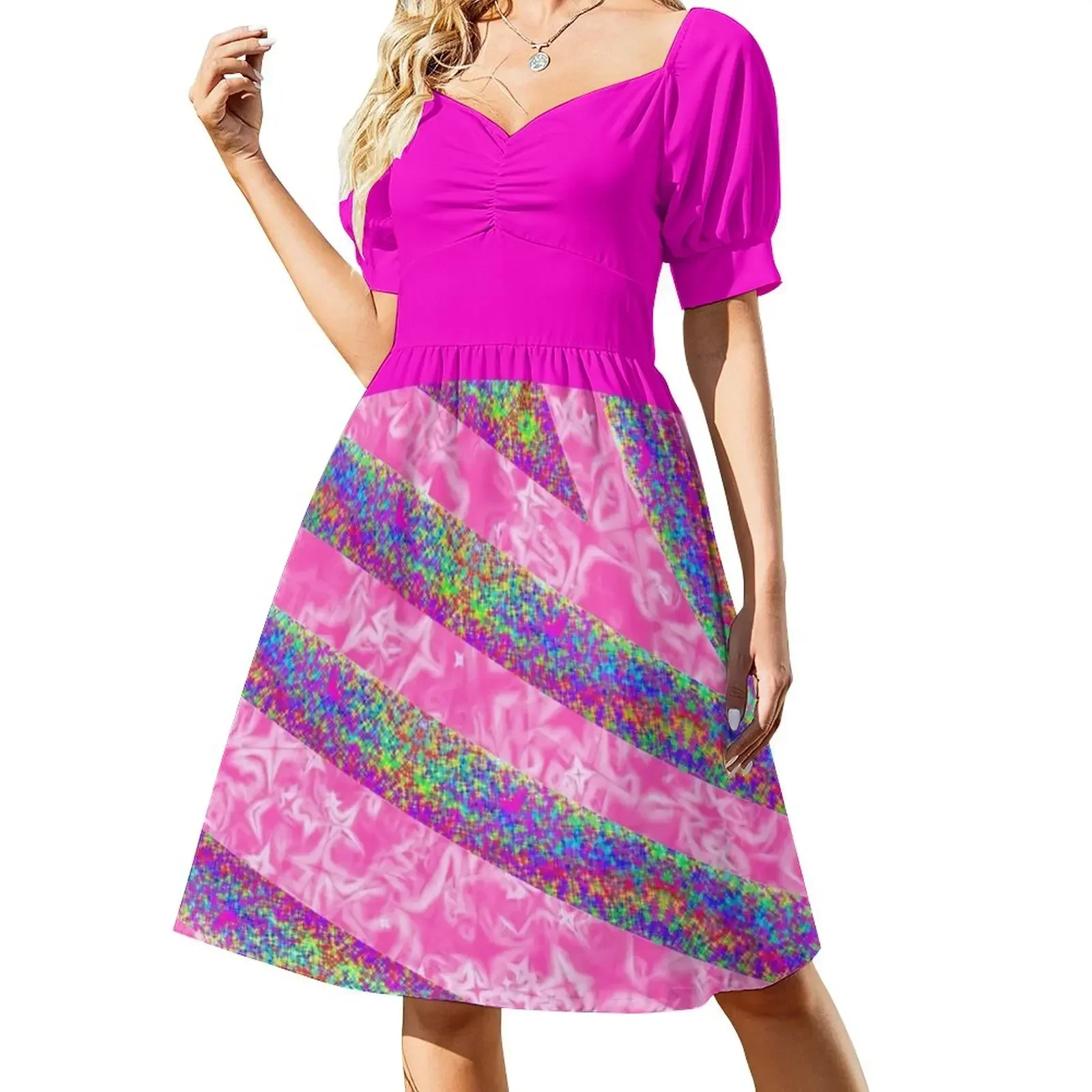 thumbnail image 1 of Vestido holográfico rosa de manga corta, vestidos de ceremonia, vestidos para niñas, vestidos elegantes de mujer para boda, 1 of 7
