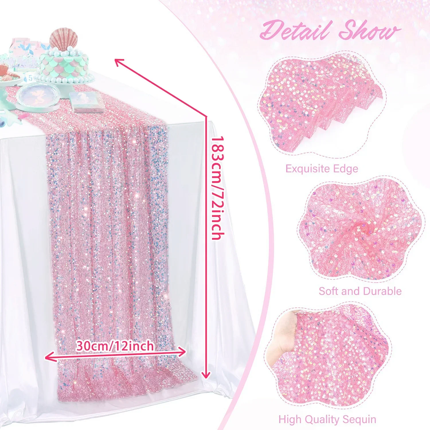 Description Picture 6 of item1pc Glitter Iridescent Sequin Table Runner Soft Dining Table Decoration for Wedding Birthday Party Christmas Hallowmas 30x183cm