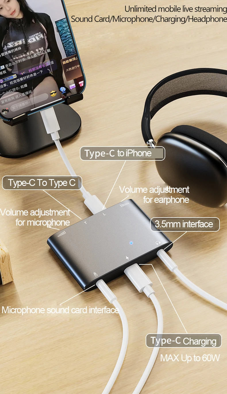 Mobile phone live broadcast adapter type c to 3 5 splitter 2 in 1