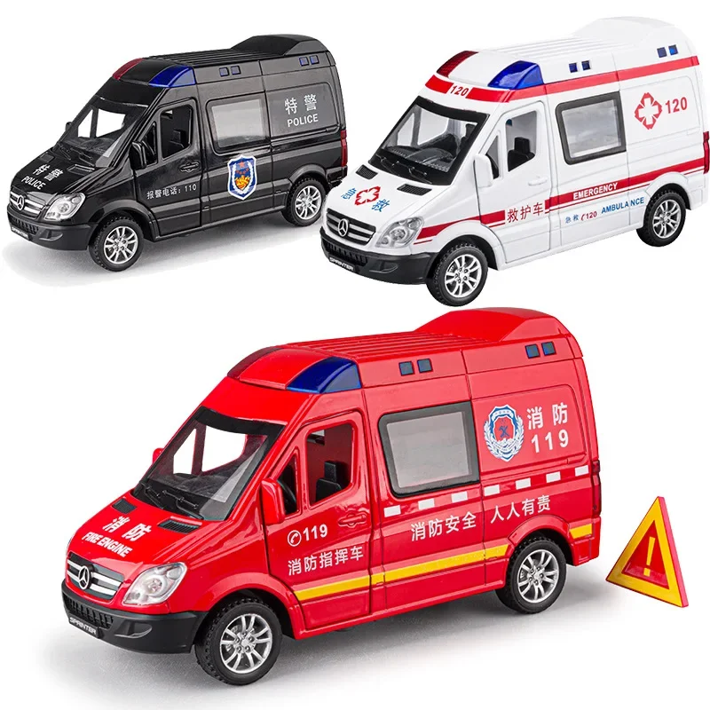 1:32 Mercedes-Benz ambulance fire engine Diecast Metal Alloy Model car Pull Back Sound Light Car Children Gift Collection msz 1 32 new style mercedes benz g350d sound and light model diecast metal vehicle pull back car collection children toy gift