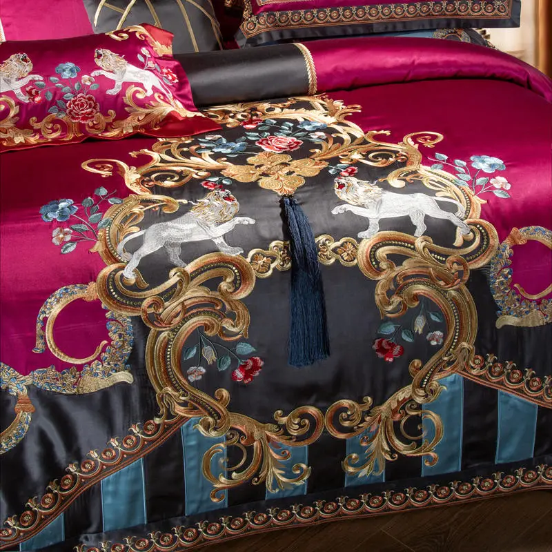 Waliicorners Egyptian Cotton Lion Gold Embroidered Luxury Satin Bedding Set Duvet Cover Set Vintage Silk Brocade Jacquard 77 S3af3fd63f14b4e1d978d7f9e59042b46r