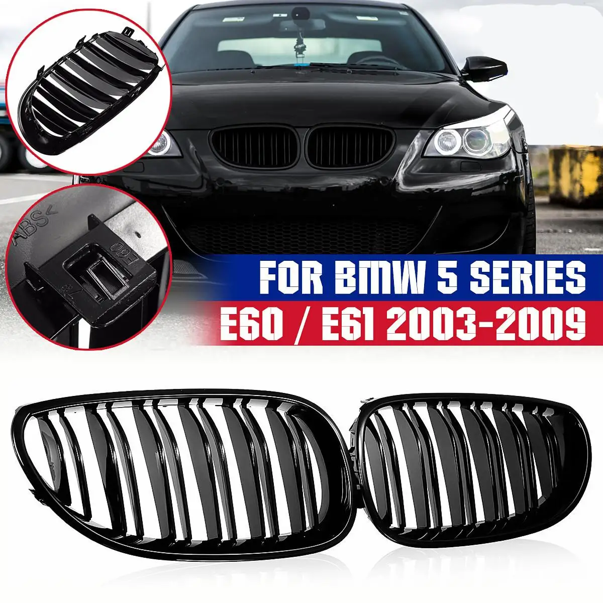 1 Pair Gloss Black Dual Line Front Kidney Grilles Replacement For BMW E60 E61 5 Series M5 2003 2004 2005 - 2009 2010