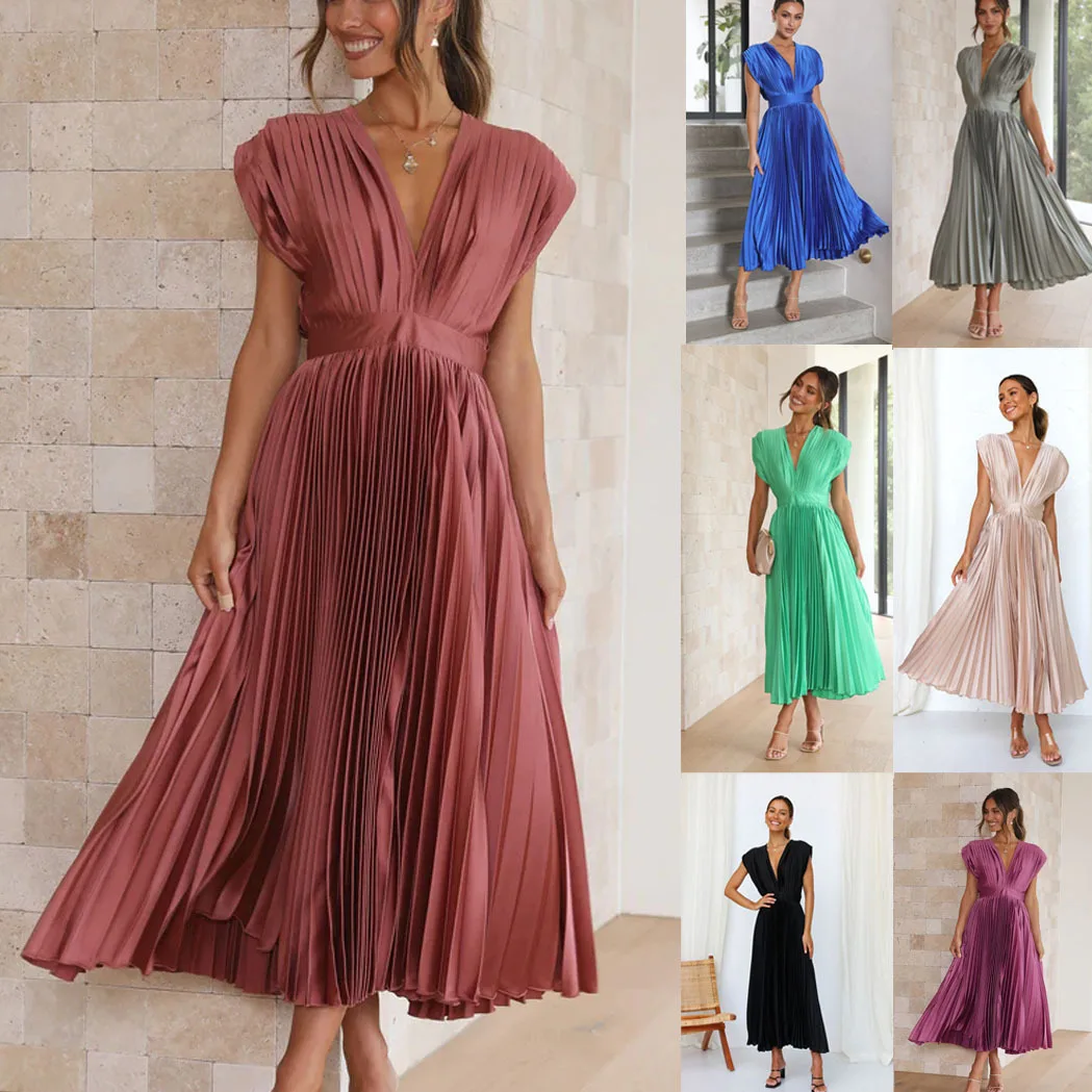 

Vintage Women Dress Sleeveless Deep V neck Sexy Pleated dresses 2023 Summer Slim Waist chic Fashion Elegant Backless Clothing