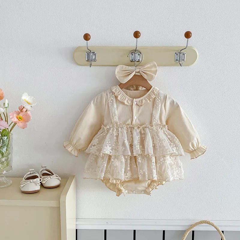 Cute Baby Girls Lace Bodysuit Long Sleeves Embroidered Flowers Jumpsuit