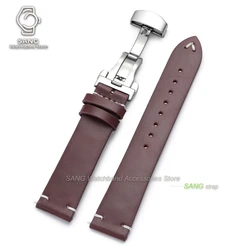 Elegant Black & Brown Leather Watchband with Stainless Steel Butterfly Clasp - Rose Gold Buckle (Red Brown)