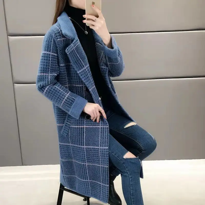 

Новинка 2024, Осень-зима, длинный стильный свободный крой, в стиле ретро, в разноцветную клетку, шерстяная ткань, двубортная, T351