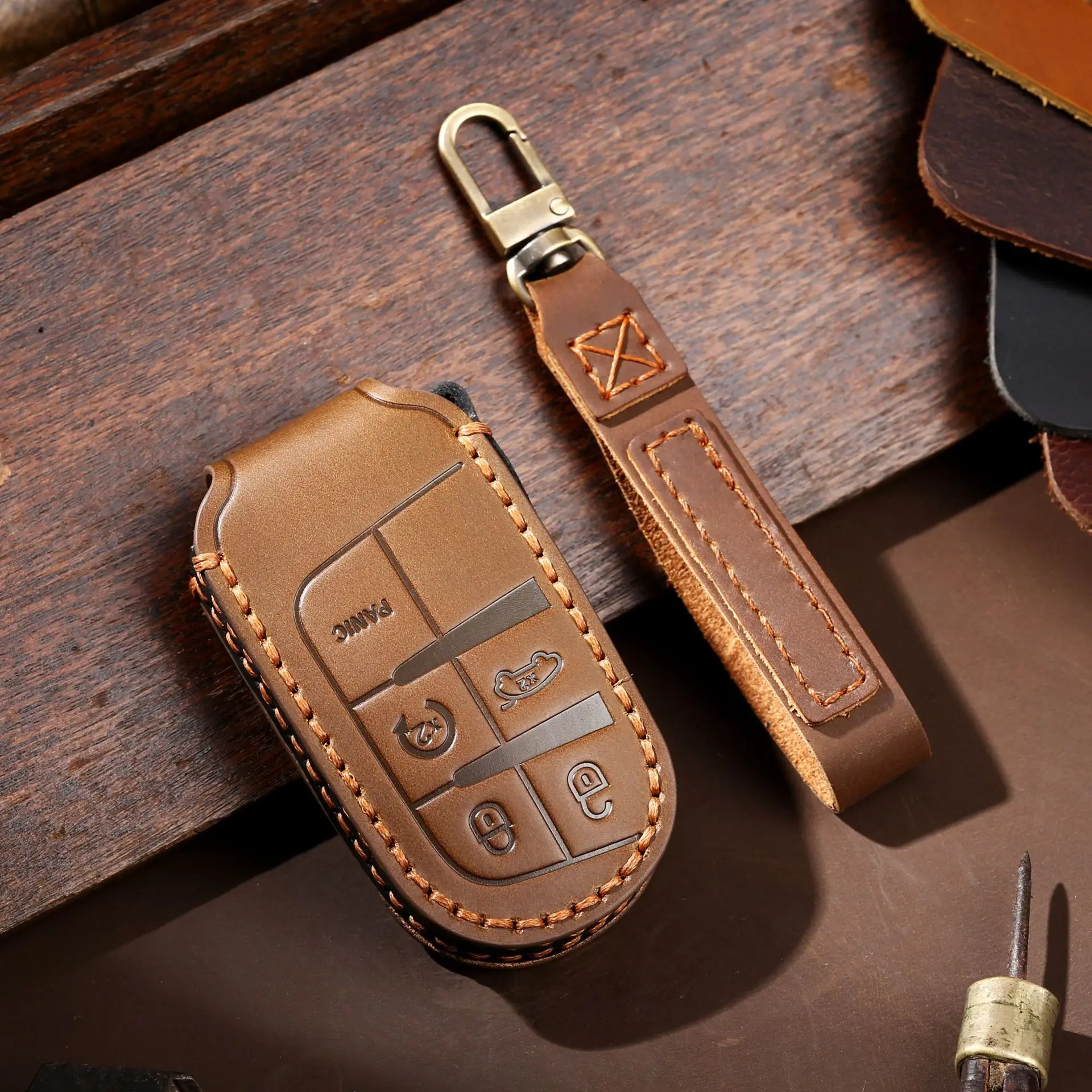 

Genuine Leather 4 5 Buttons smart Key Fob case Cover for Jeep Cherokee Wrangler Compass Renegade Grand Patriot Grand Keychain