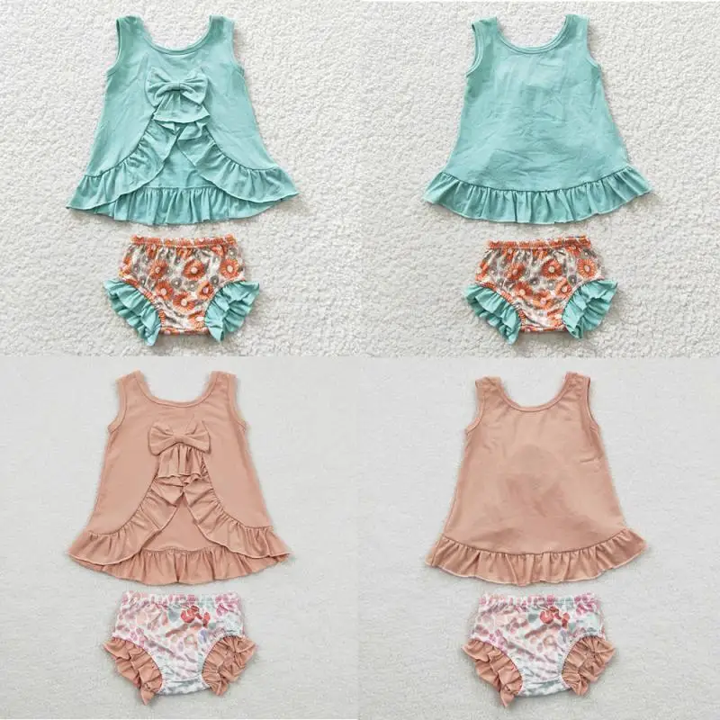 

Wholesale Baby Girl Set Toddler Sleeveless Open Back Ruffle Top Bummie Shorts Briefs Children Summer Newborn Two Pieces Outfit