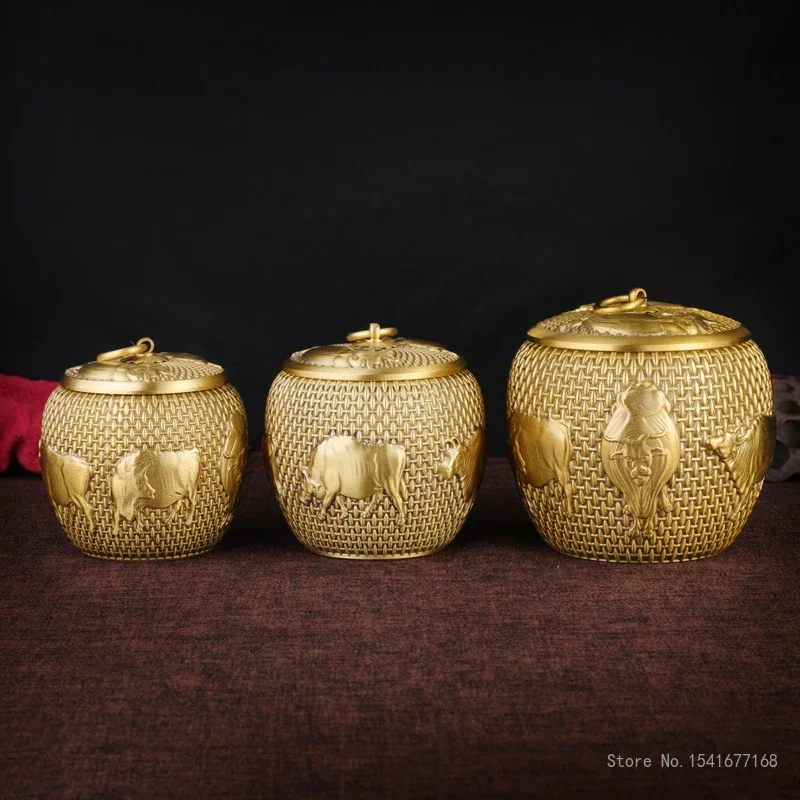 Chinese Style Brass Animal Cow Pattern Sealed Tea Can, Portable Travel Mini Storage Home Copper Tea Box, Large Medium Small, 1Pc