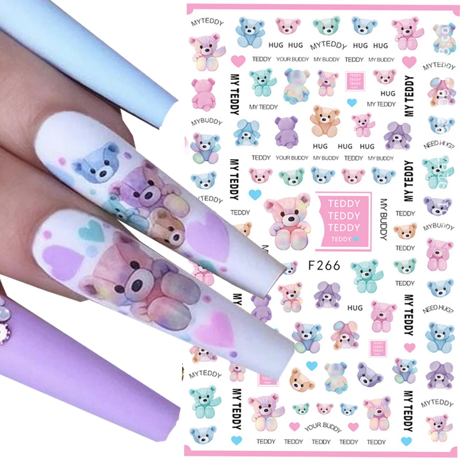 3D Kawaii Teddy Bear Nail Art Sticker Cartoon Self-adhesive Decal Cute Fantasy Design Sliders Manicure Decoration Accessories 1
