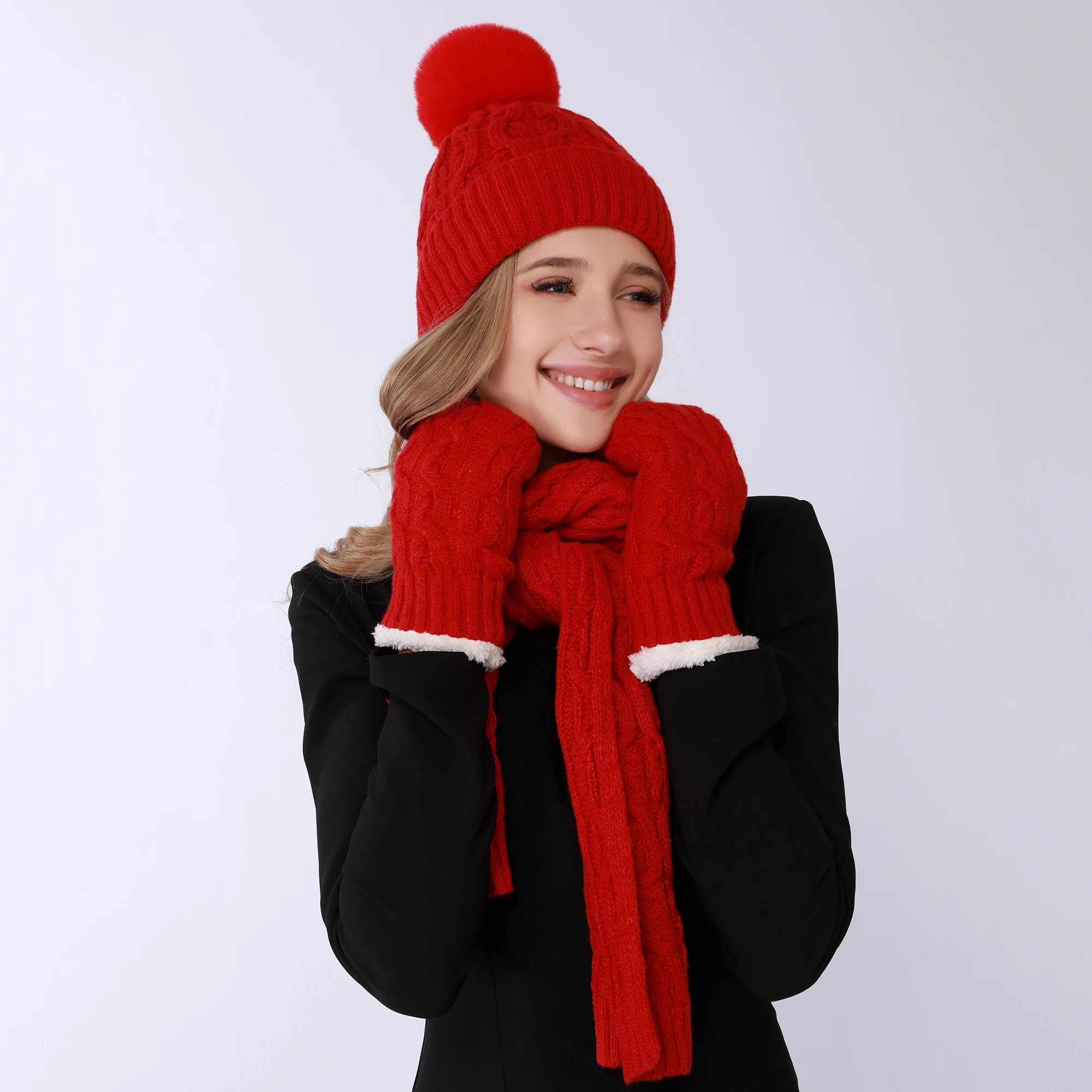 Women Solid Wool Fabric 3pc Gloves Scarf Hat Knitted Suit Striped Geometric Pattern Soft Coldproof Warm Thick Autumn Winter Gift
