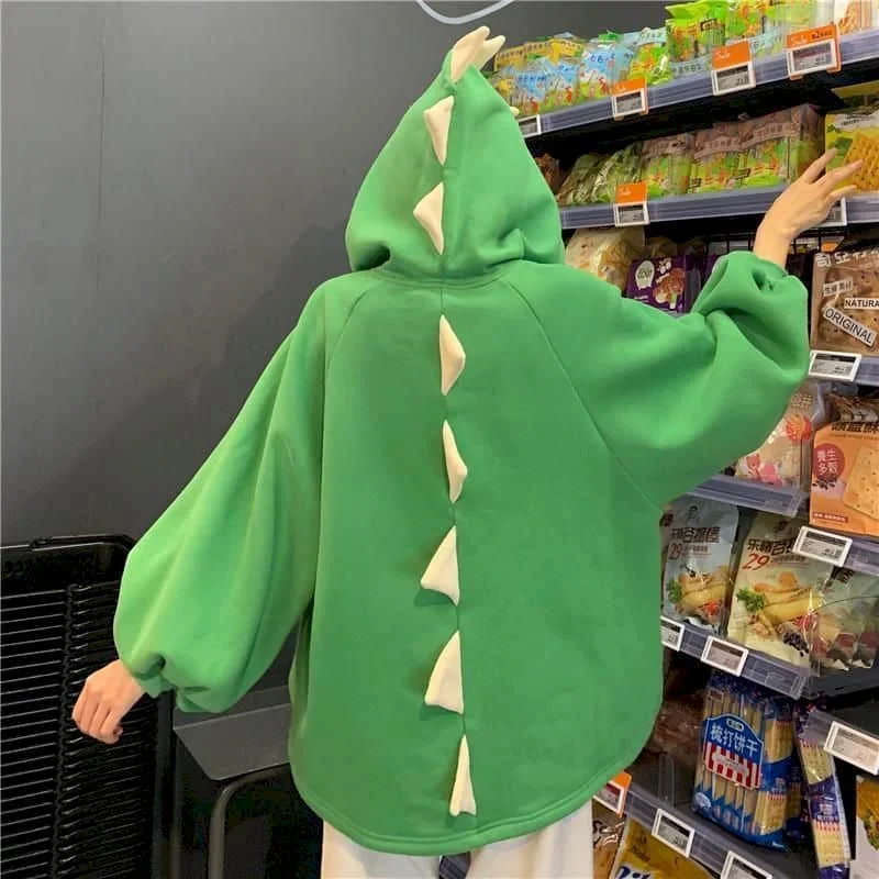 Hoodie Dinosaur Sweater Women 2022 Loose Korean Sculpture Girlfriend Autumn and Winter Sisters Outfit Plus Fleece Hooded Jacket sisters