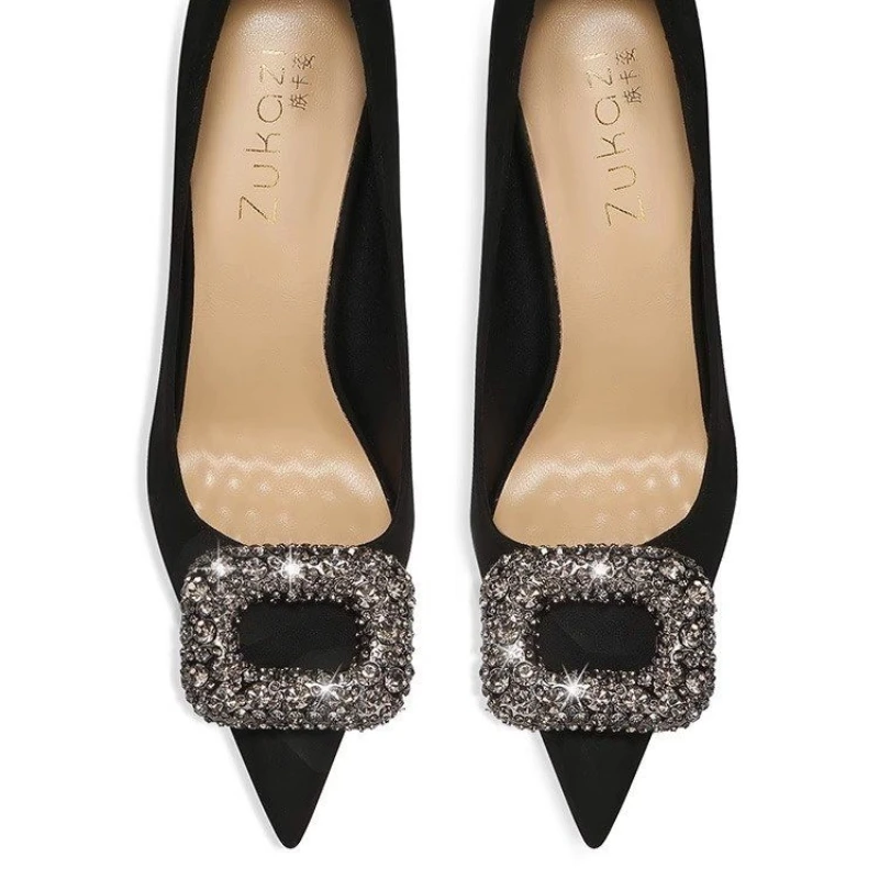 Designer Women 7cm 9.5cm Takron High Heels Silk Pump Office Women Nailed Toe Flash Crystal Buckle Black High Heels 3