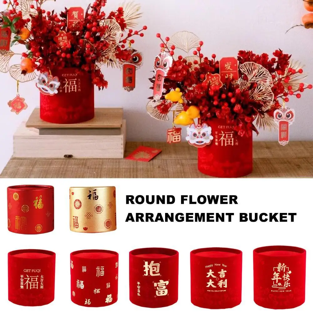 

1pc Round Flower Arrangement Bucket New Year's Blessings Barrel Circular Hugging Bucket Fu Character Plush Cloth Bouquet Bucket