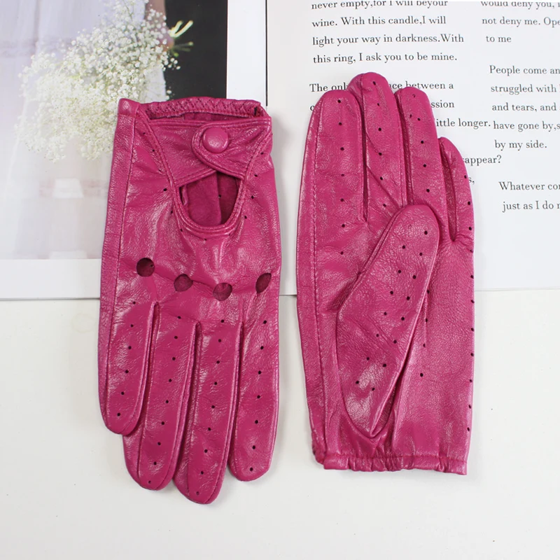 Thin Women's Sheepskin Driver Gloves Summer Breathable Snap Button Colored Genuine Leather Gloves